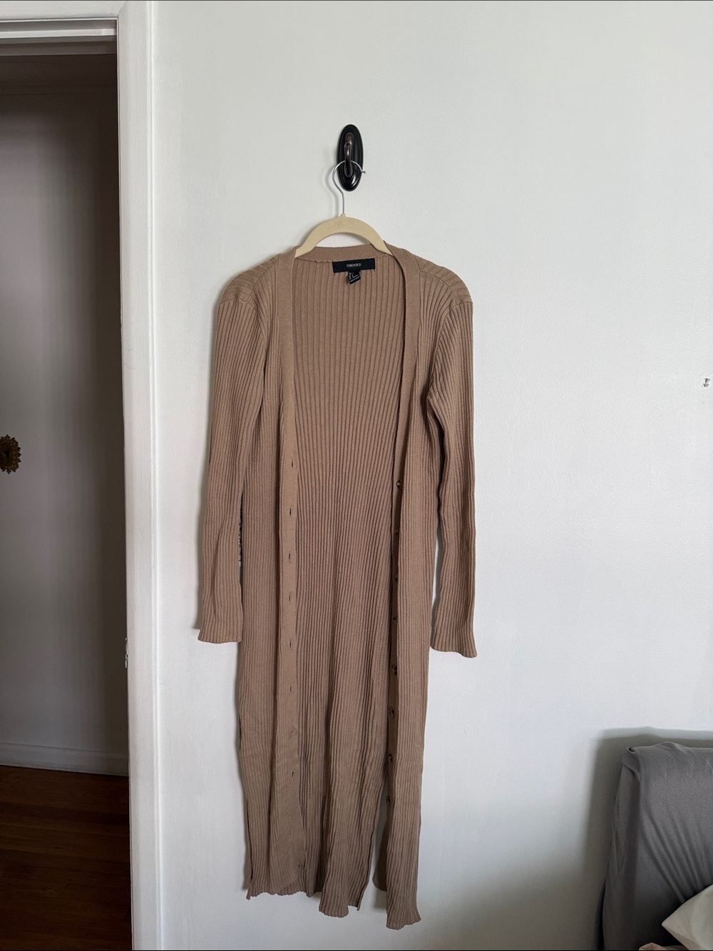 Forever 21 longline beige ribbed button cardigan size small